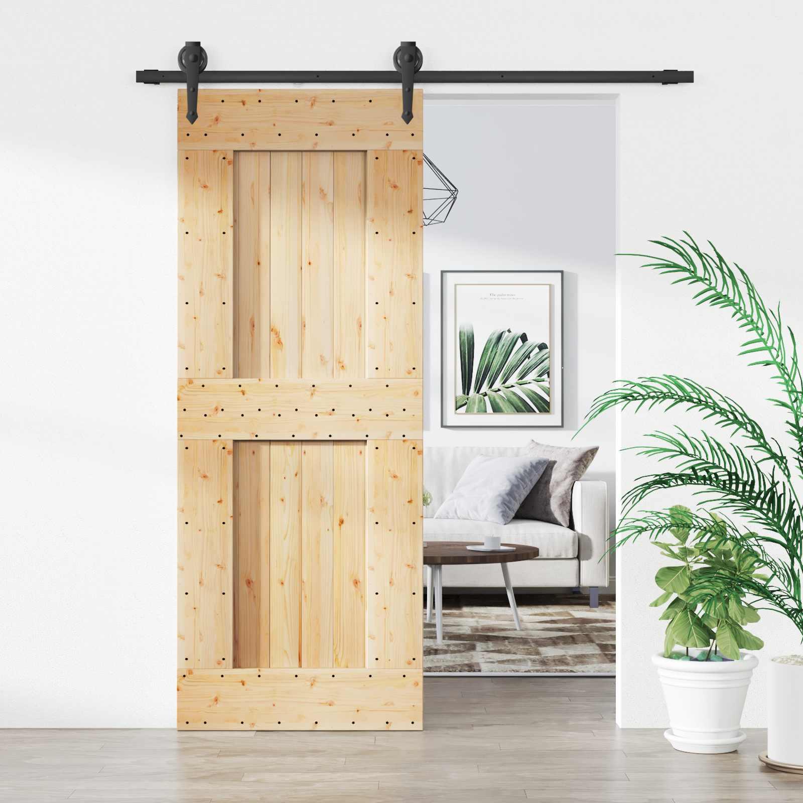 Skydedør i massivt fyrretræ 80 x 210 cm - naturfarvet og sort