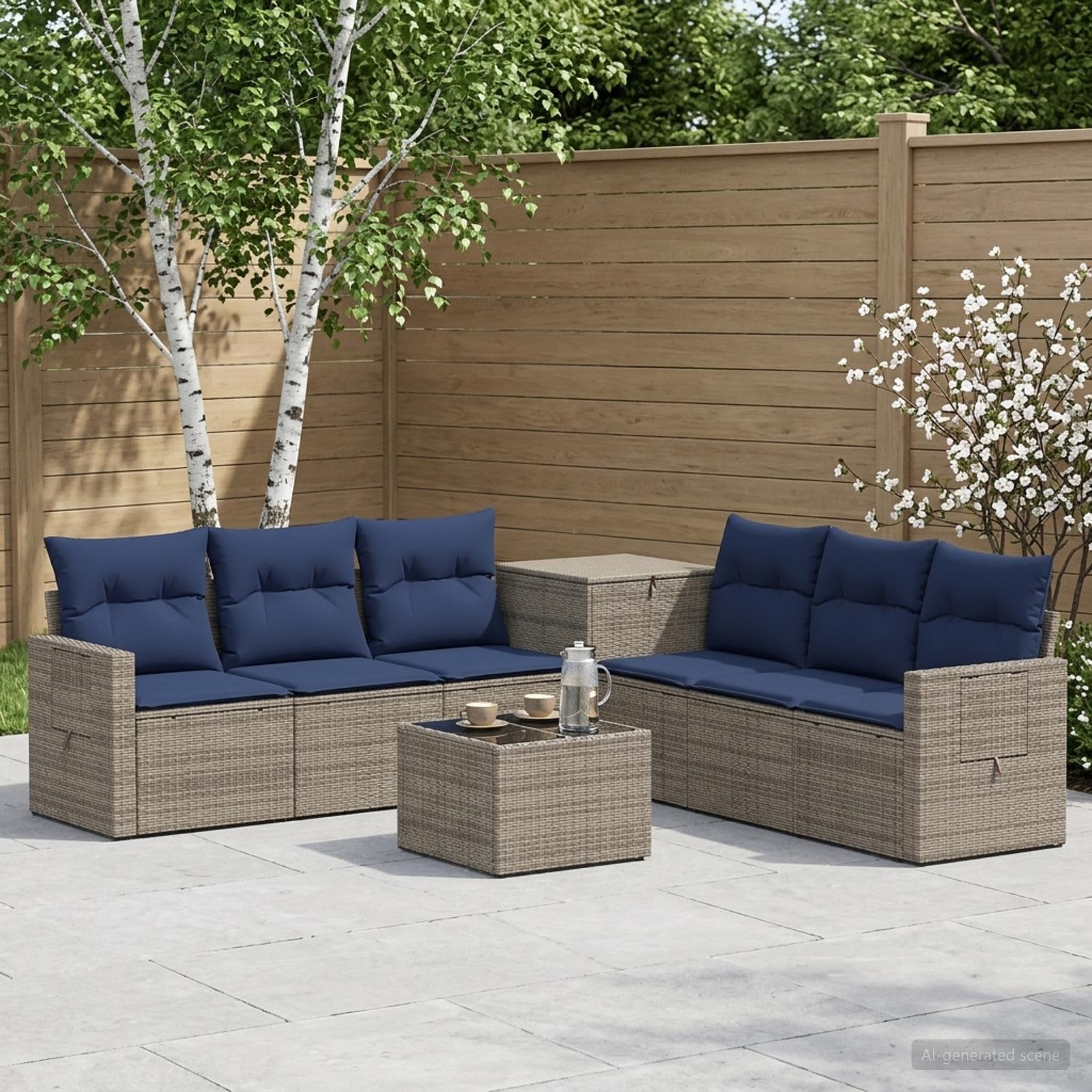 Sofa sæt 8 stk. til have og terrasse i grå og marineblå poly rattan og stål