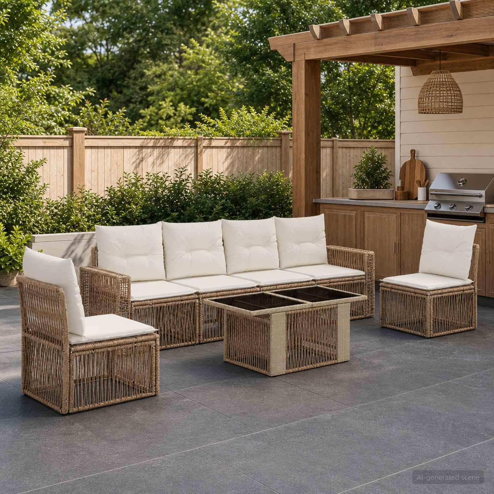Havesofa sæt 7 stk. i polyrattan - beige og cremehvid