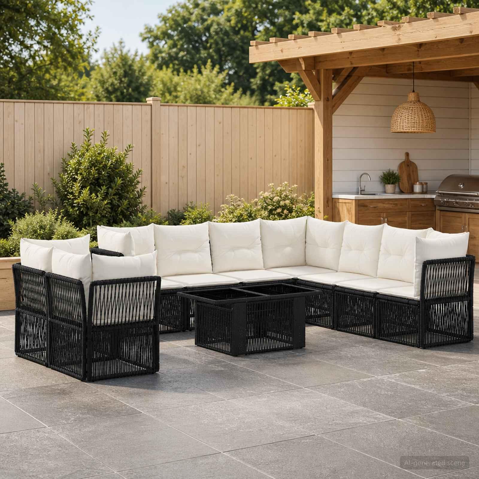 Havesofa sæt 10 stk. i sort polyrattan