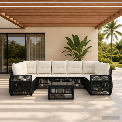 Havesofa sæt 8 stk. i sort polyrattan med glasbord
