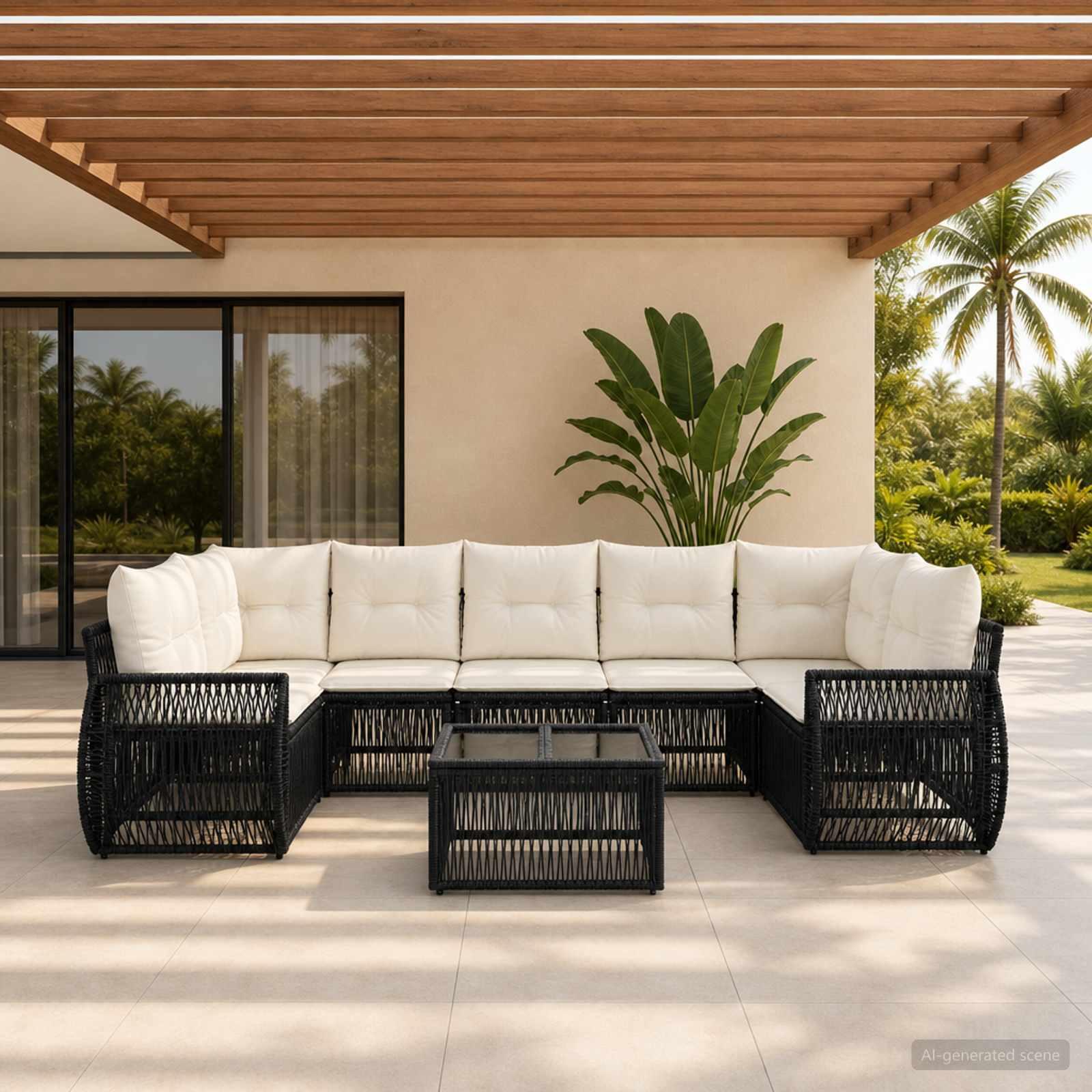 Havesofa sæt 8 stk. i sort polyrattan med glasbord