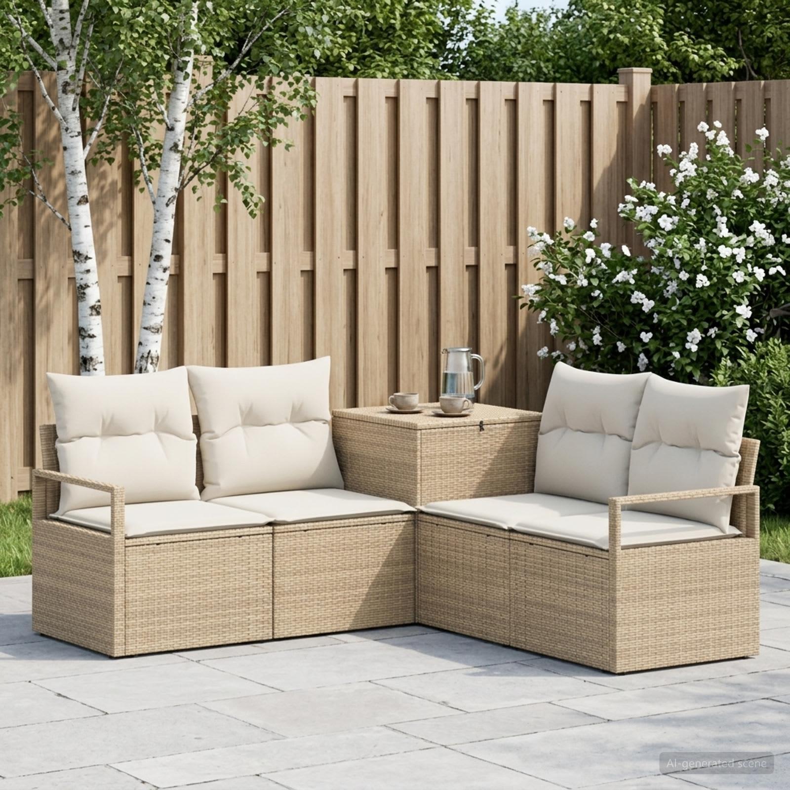 Sofa sæt 5 stk. til have beige og cremehvid i poly rattan og stål