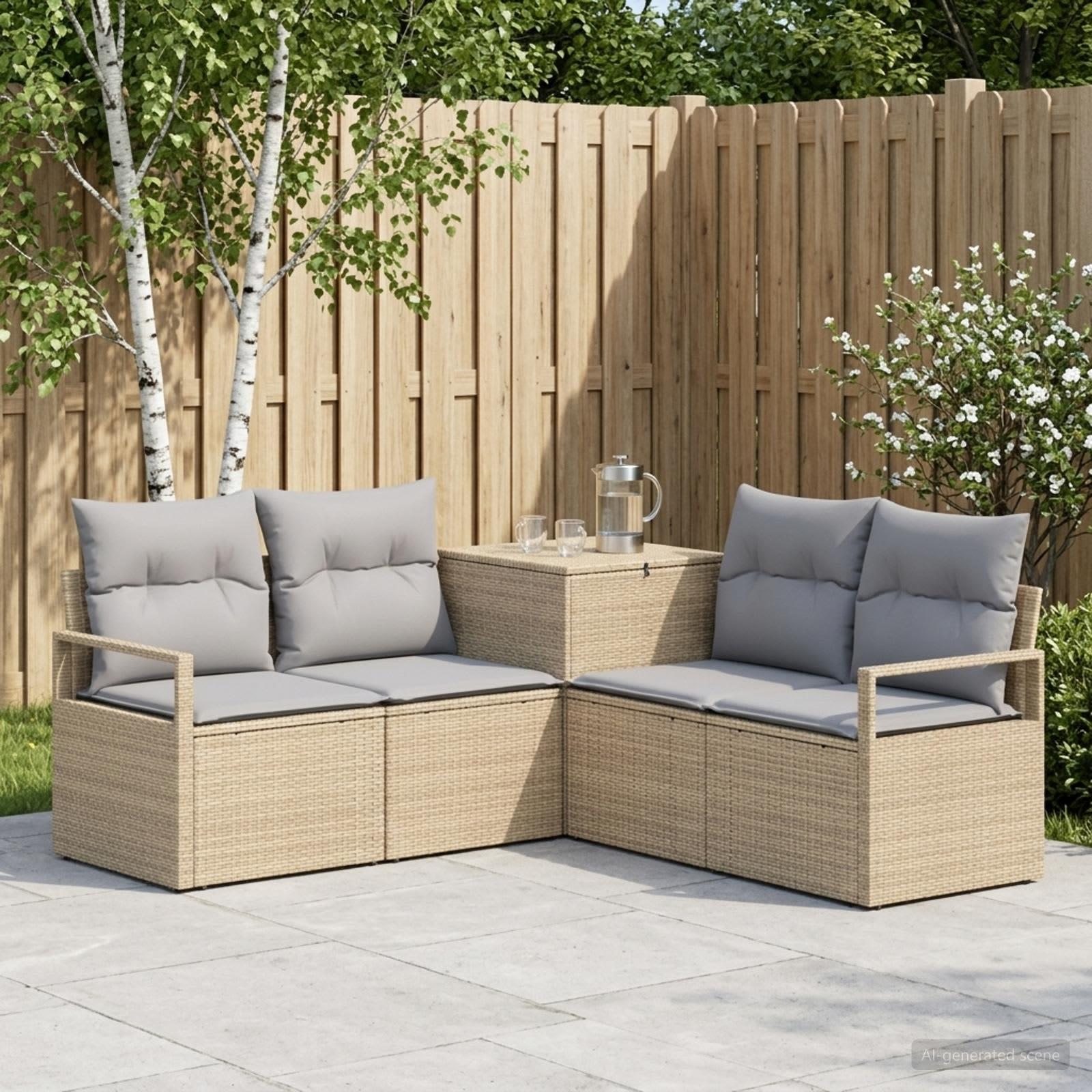 Sofa sæt 5 stk. beige og lys grå i poly rattan og stål