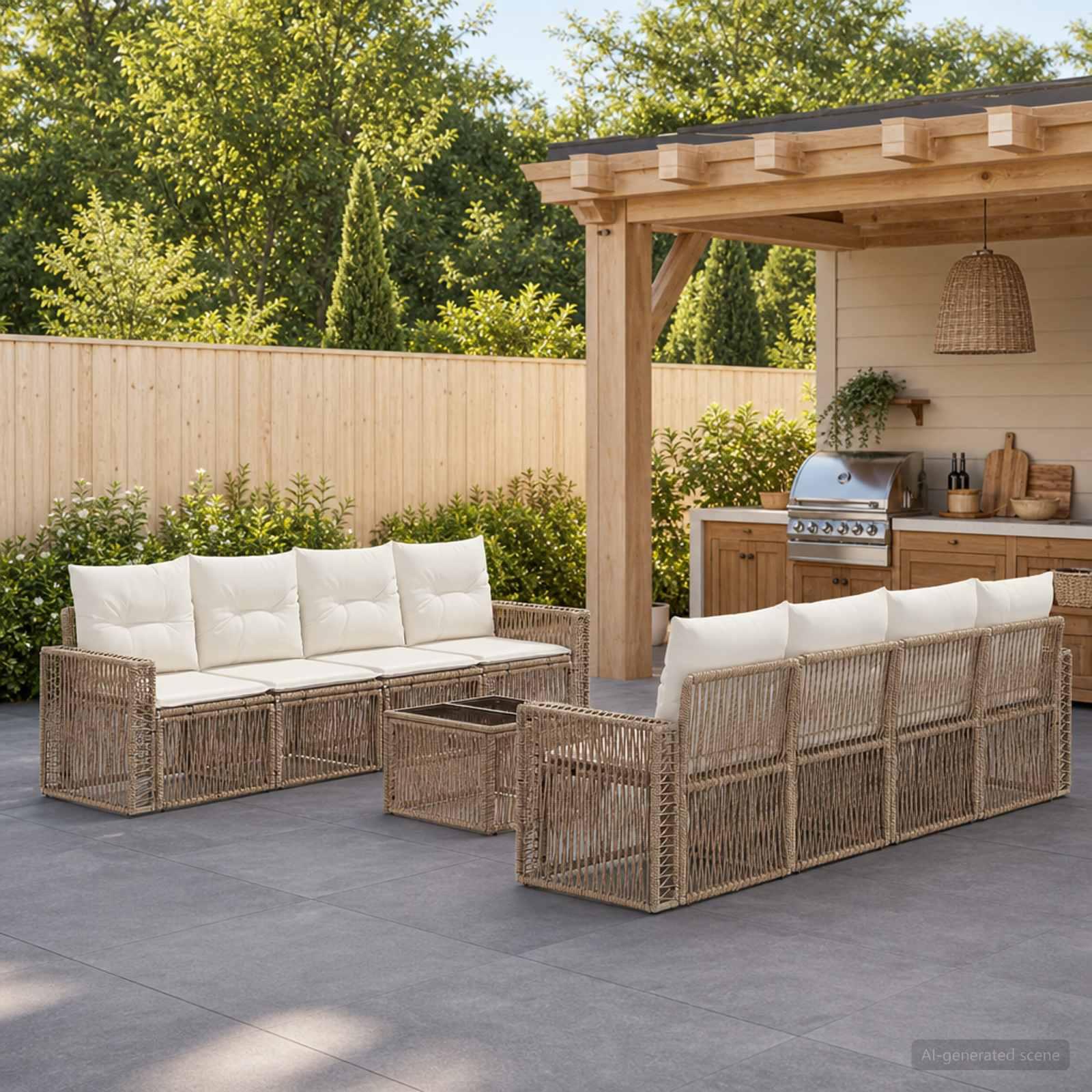 Havesofa sæt 9 stk. i beige polyrattan med hynder