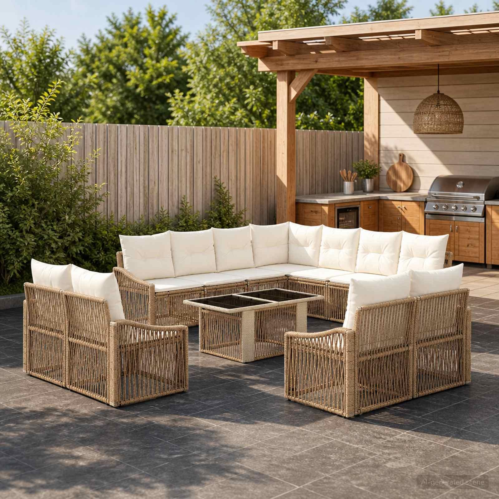Havesofa sæt 12 dele i beige og cremehvid polyrattan