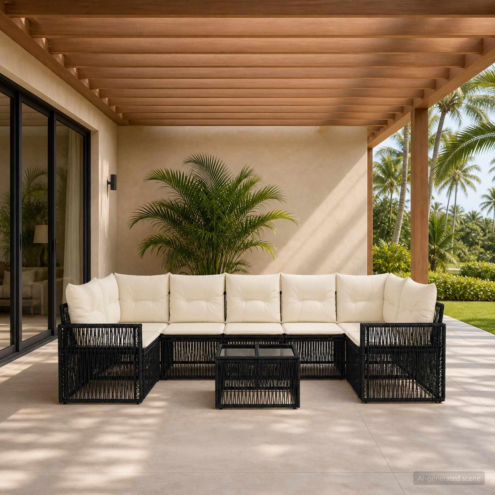 Havesofa sæt 8 stk. i sort polyrattan med puder