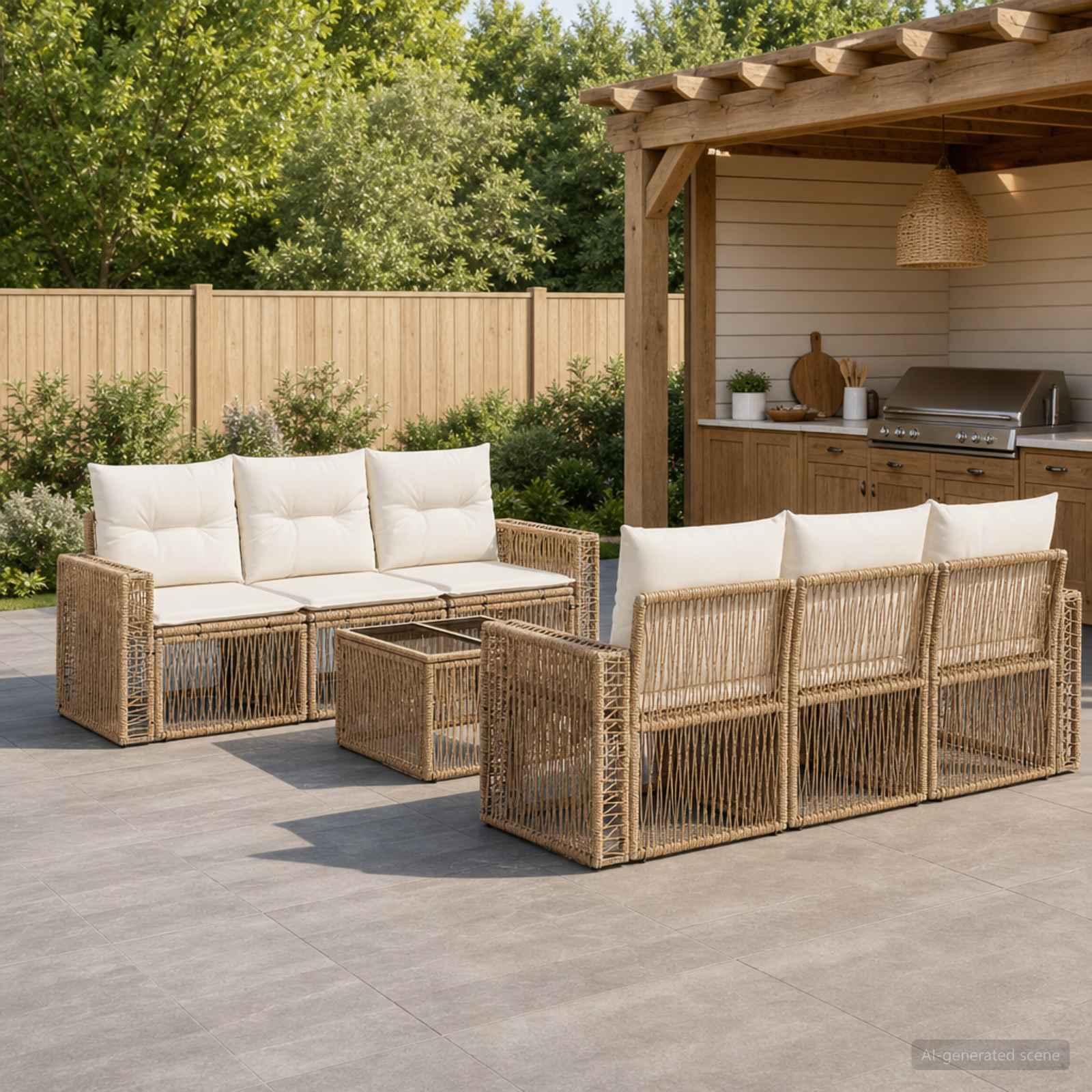 Havesofa sæt 7 stk. i beige polyrattan med puder