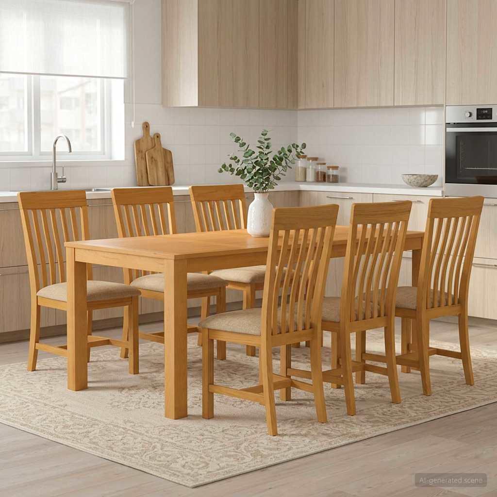 Spisestuesæt 7 stk. i massivt egetræ med 6 stole - beige