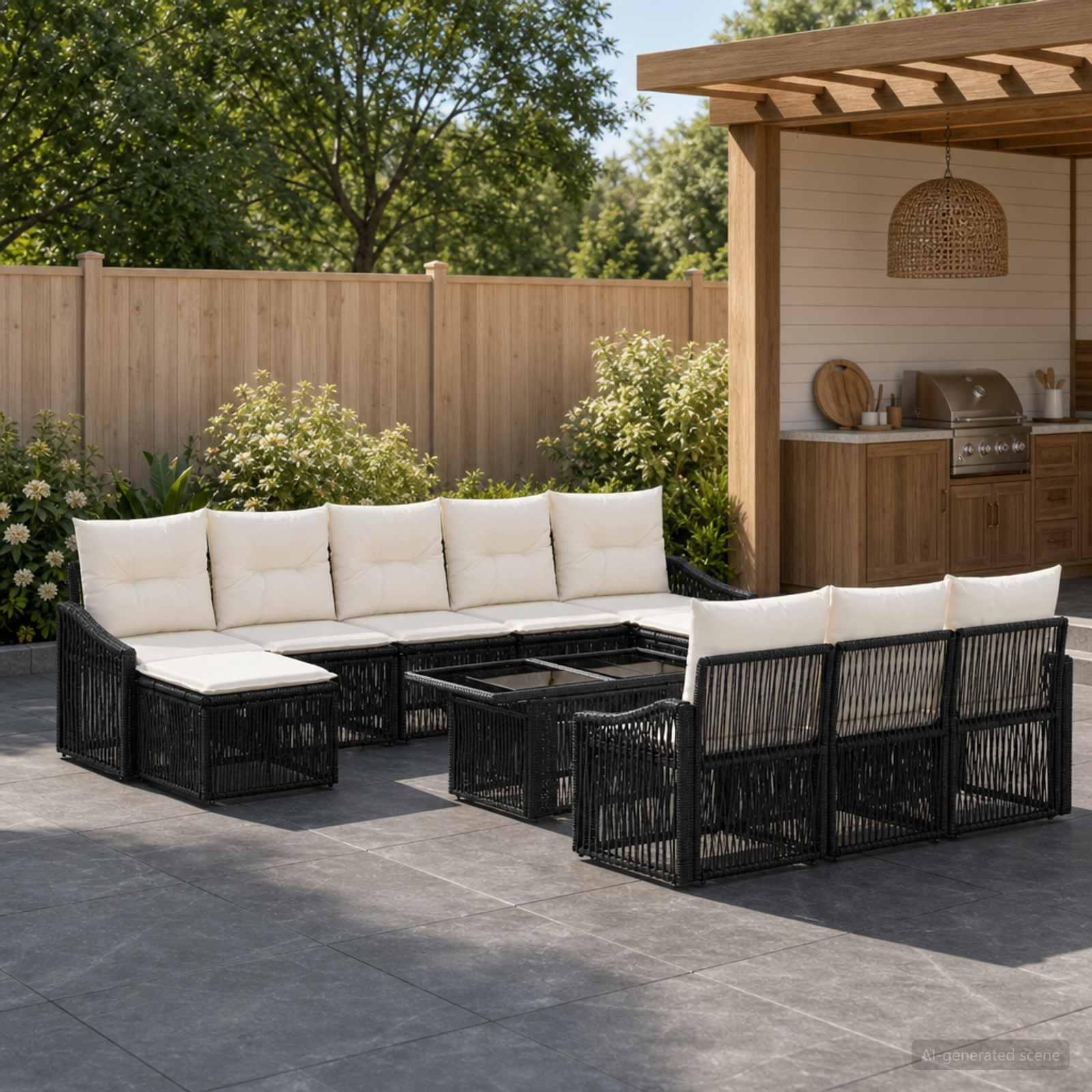 Havesofa sæt 11 stk. i polyrattan sort og cremehvid