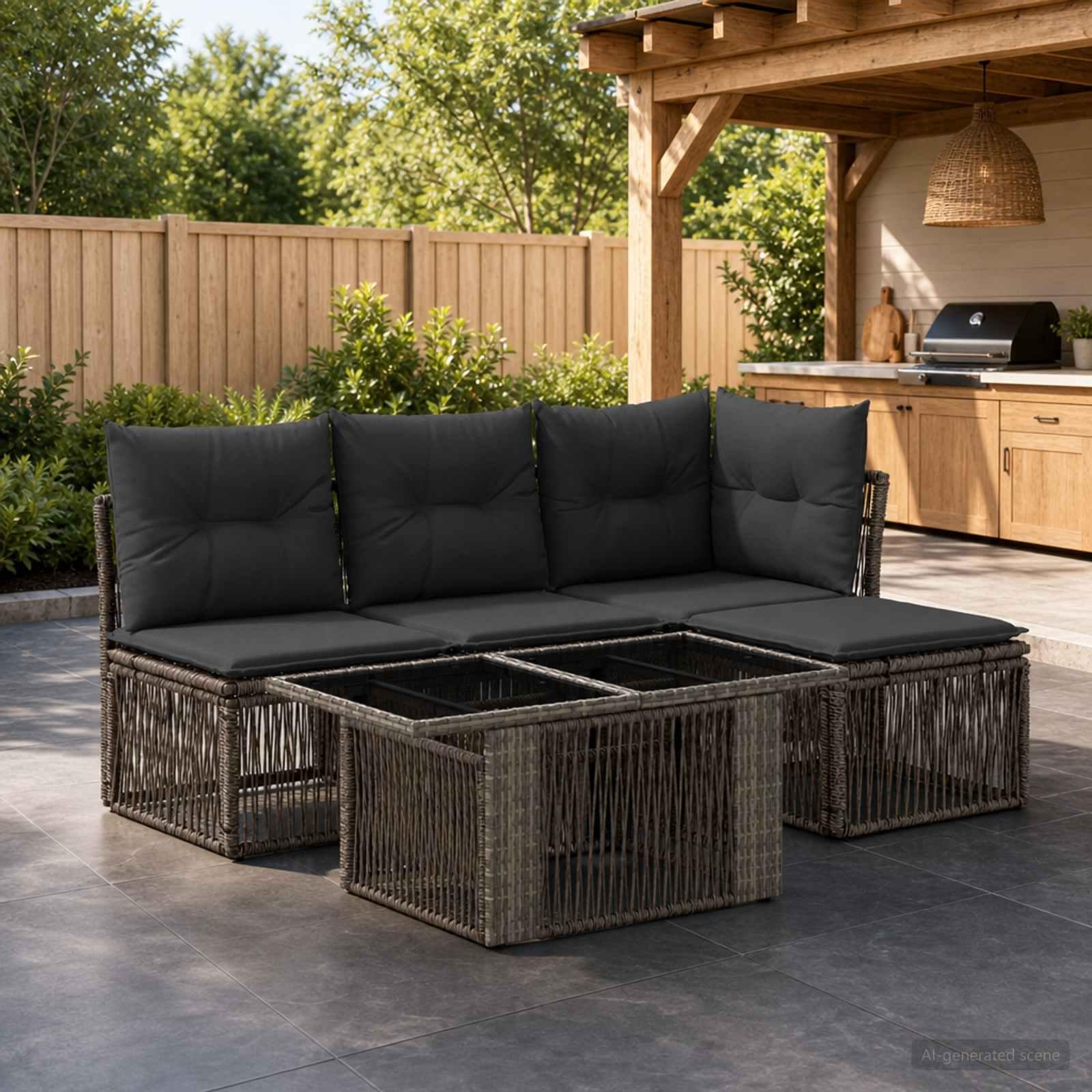 Havesofa sæt 5 stk. i grå polyrattan med bord og hynder