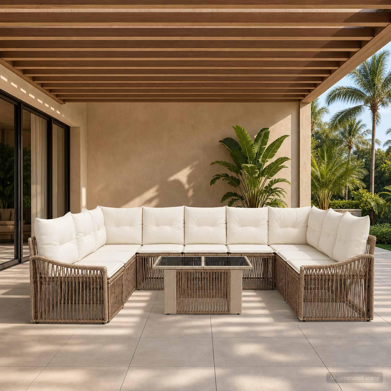 Havesofa sæt 10 stk. i polyrattan beige og cremehvid