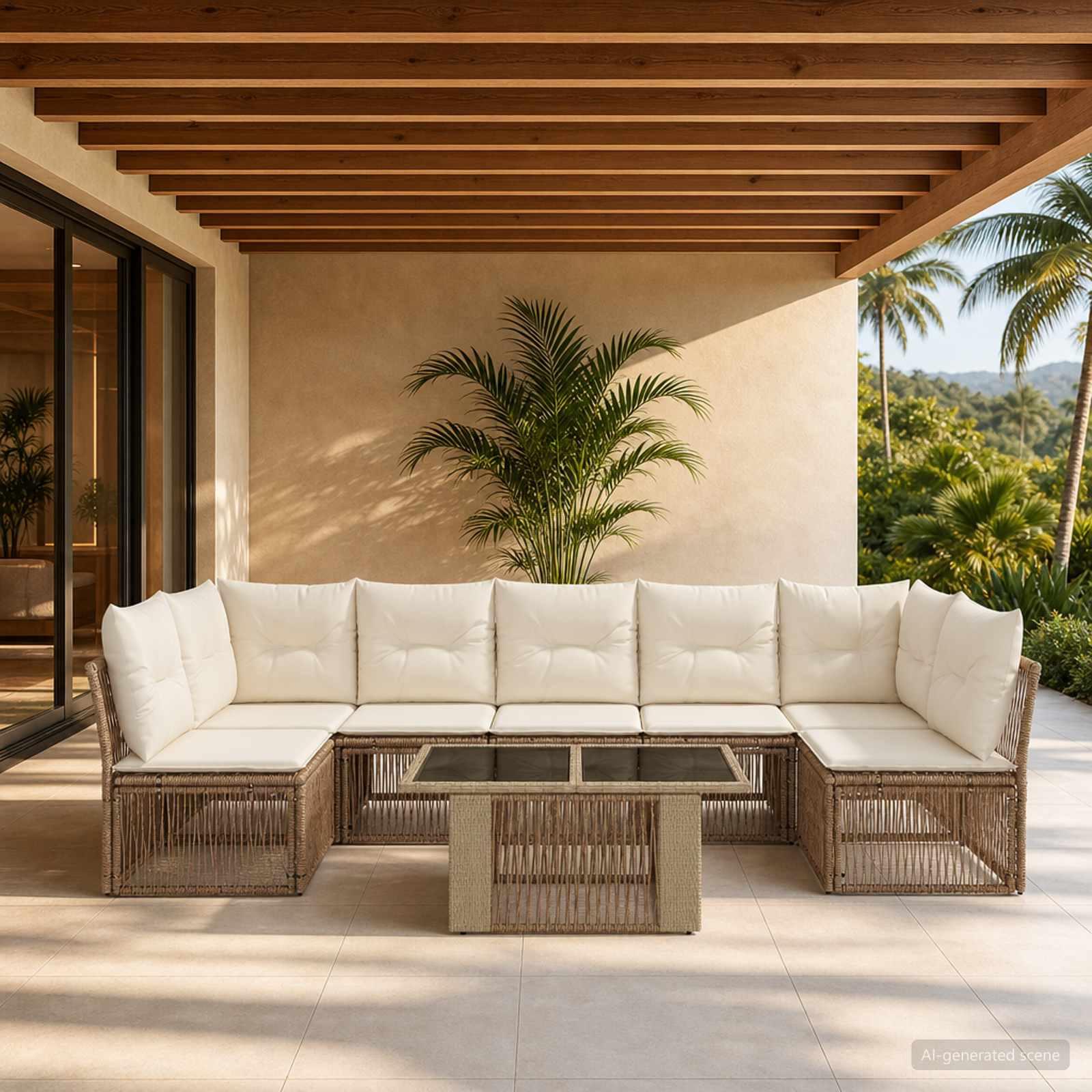 Modulært havesofa sæt i beige polyrattan med bord