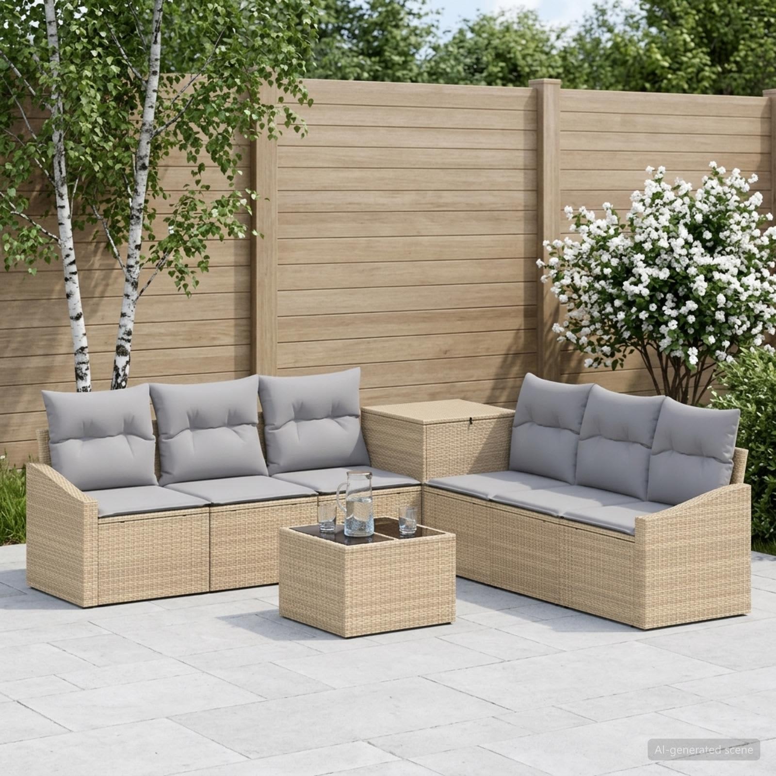 Sofa sæt 8 stk. i beige og lys grå poly rattan og stål