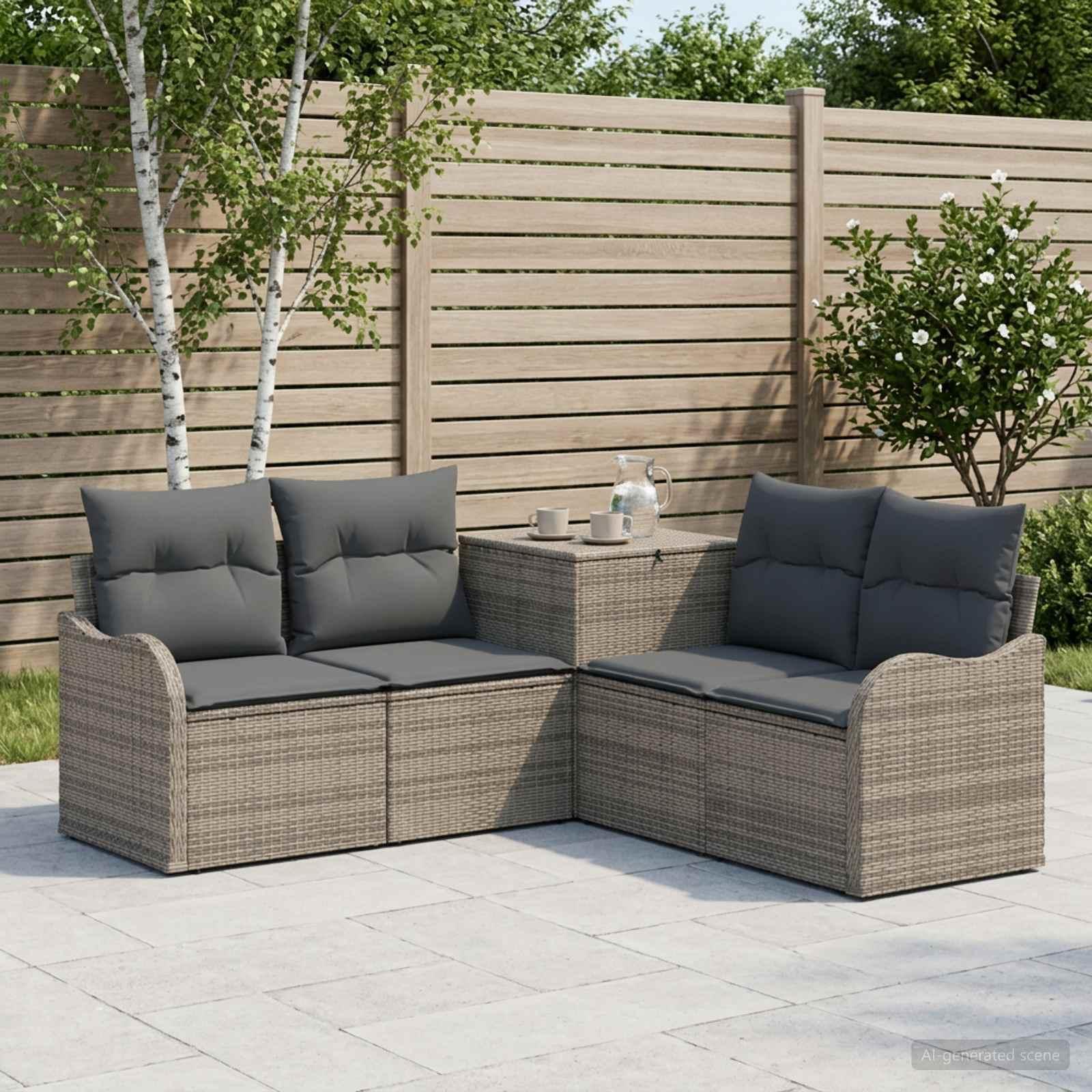 Sofa sæt 5 stk. til have og terrasse i grå og mørkegrå poly rattan og stål