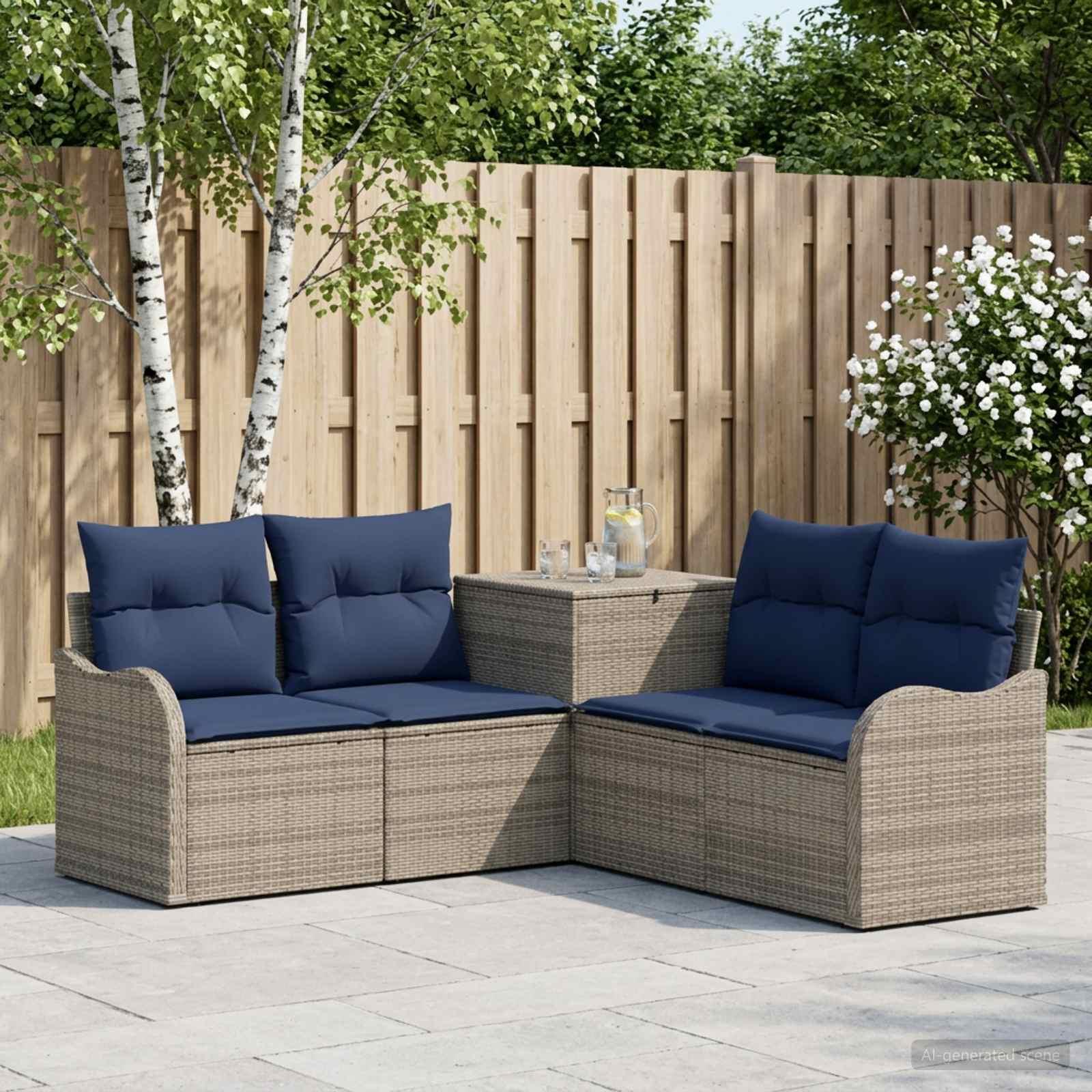Loungesæt til have 5 stk. i grå og marineblå poly rattan og stål