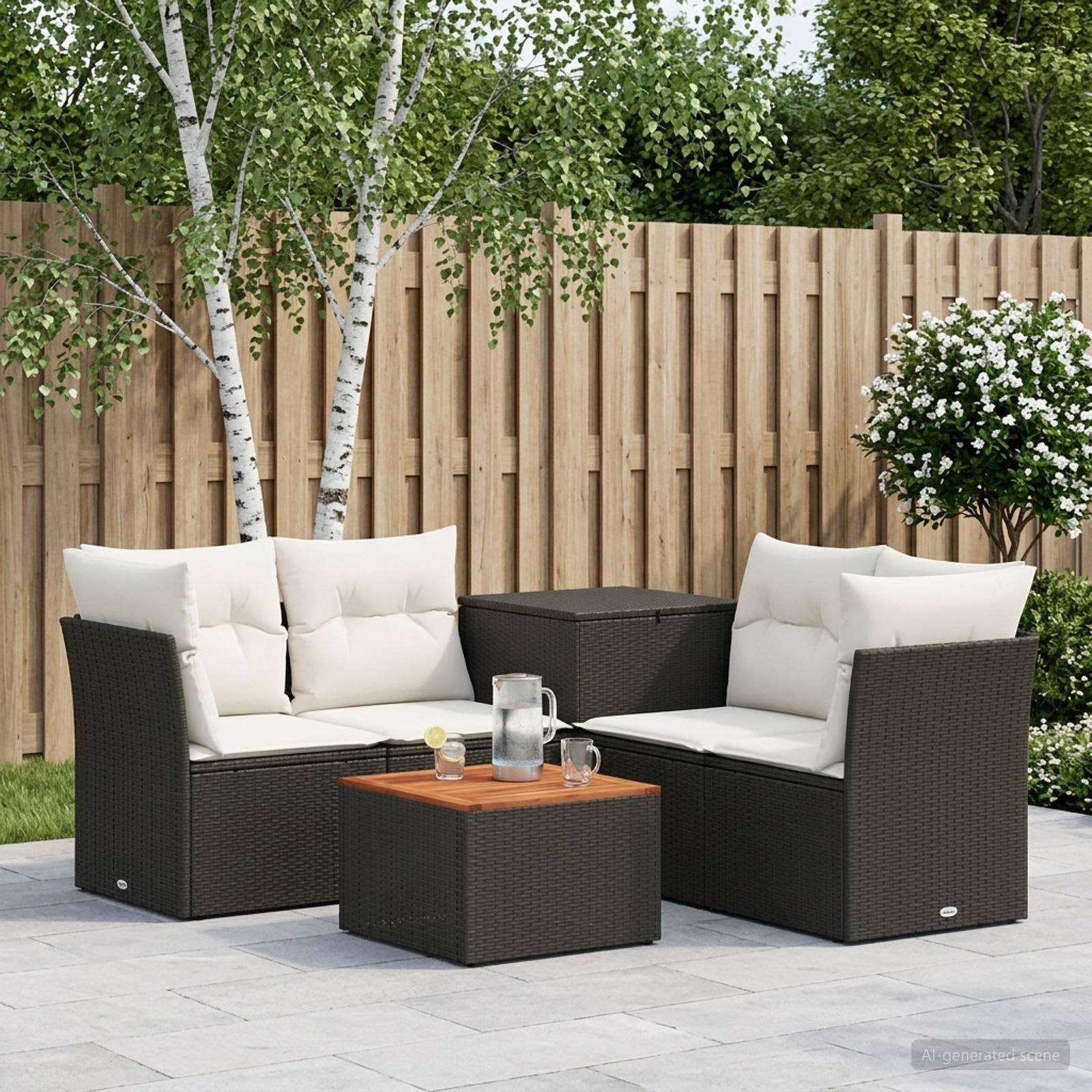 Sofa sæt 6 stk. til have og terrasse i sort og cremehvid poly rattan