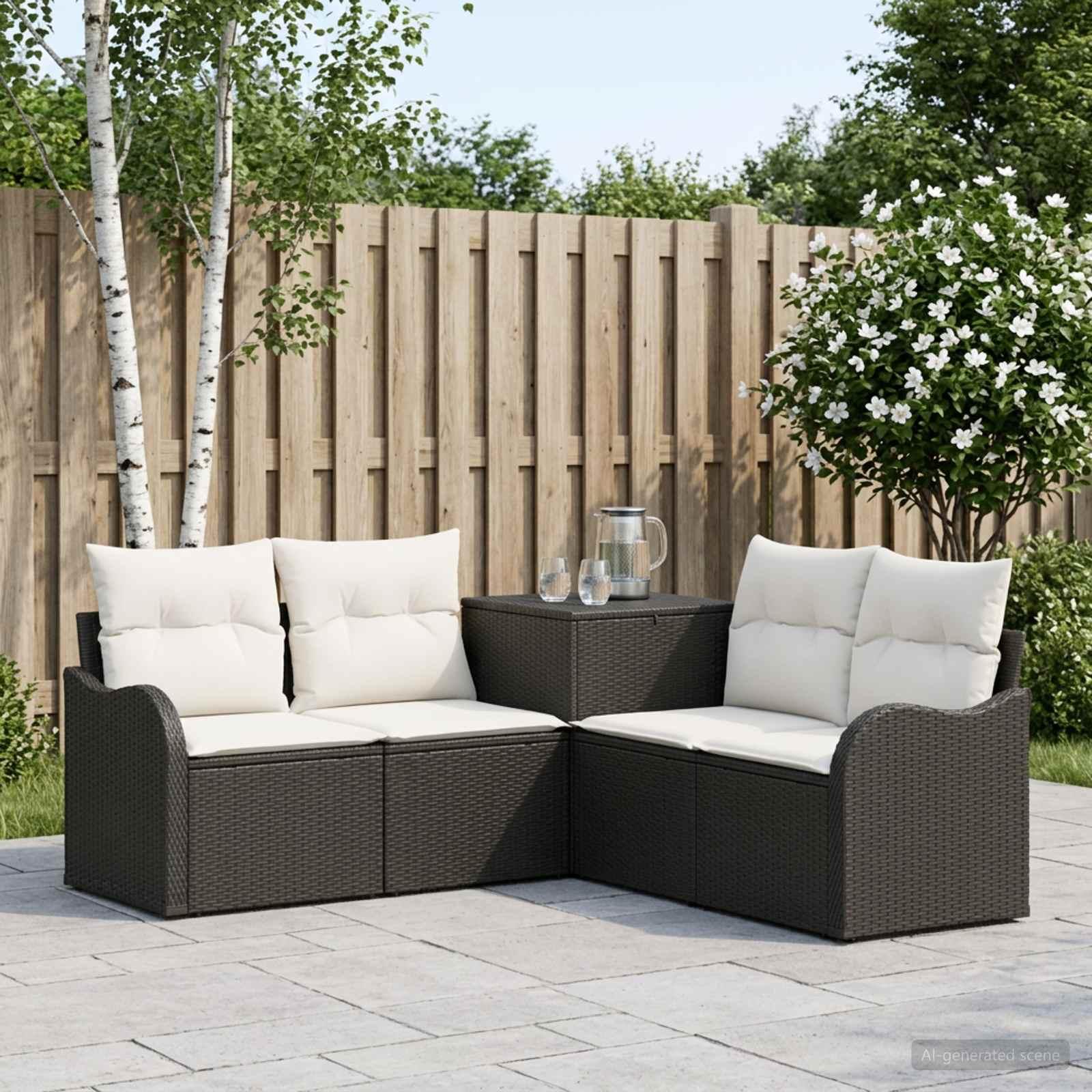 Sofa sæt 5 stk. sort og cremehvid poly rattan og stål