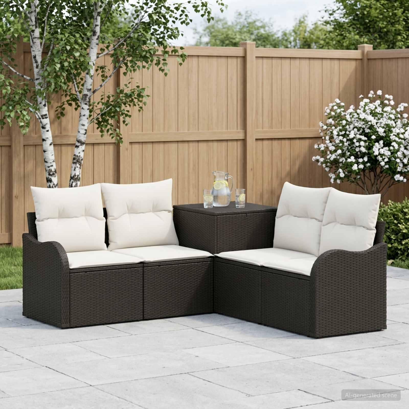 Sofa sæt 5 stk. til have og terrasse i sort og cremehvid poly rattan og stål