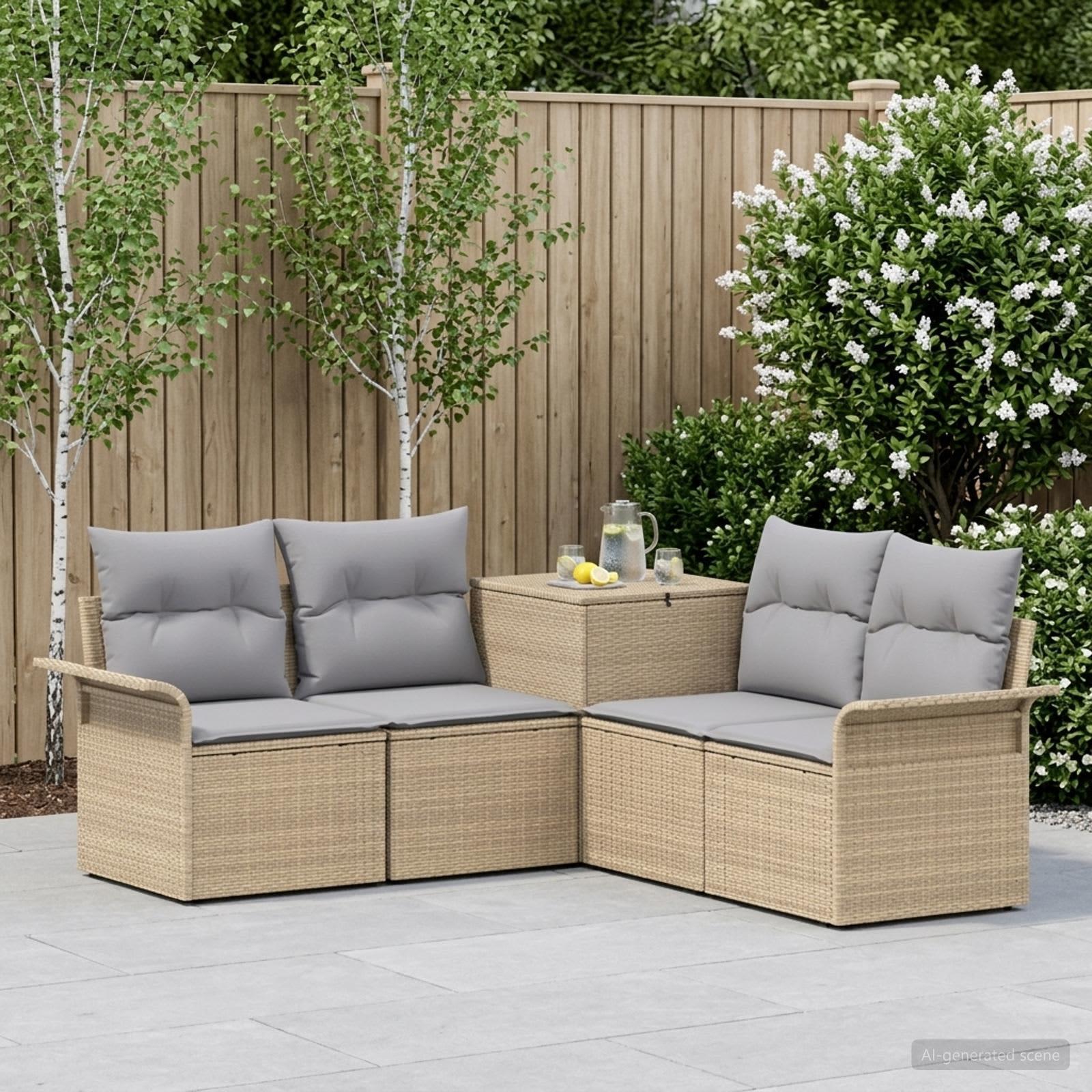 Sofa sæt 5 stk. i beige og lys grå poly rattan og stål