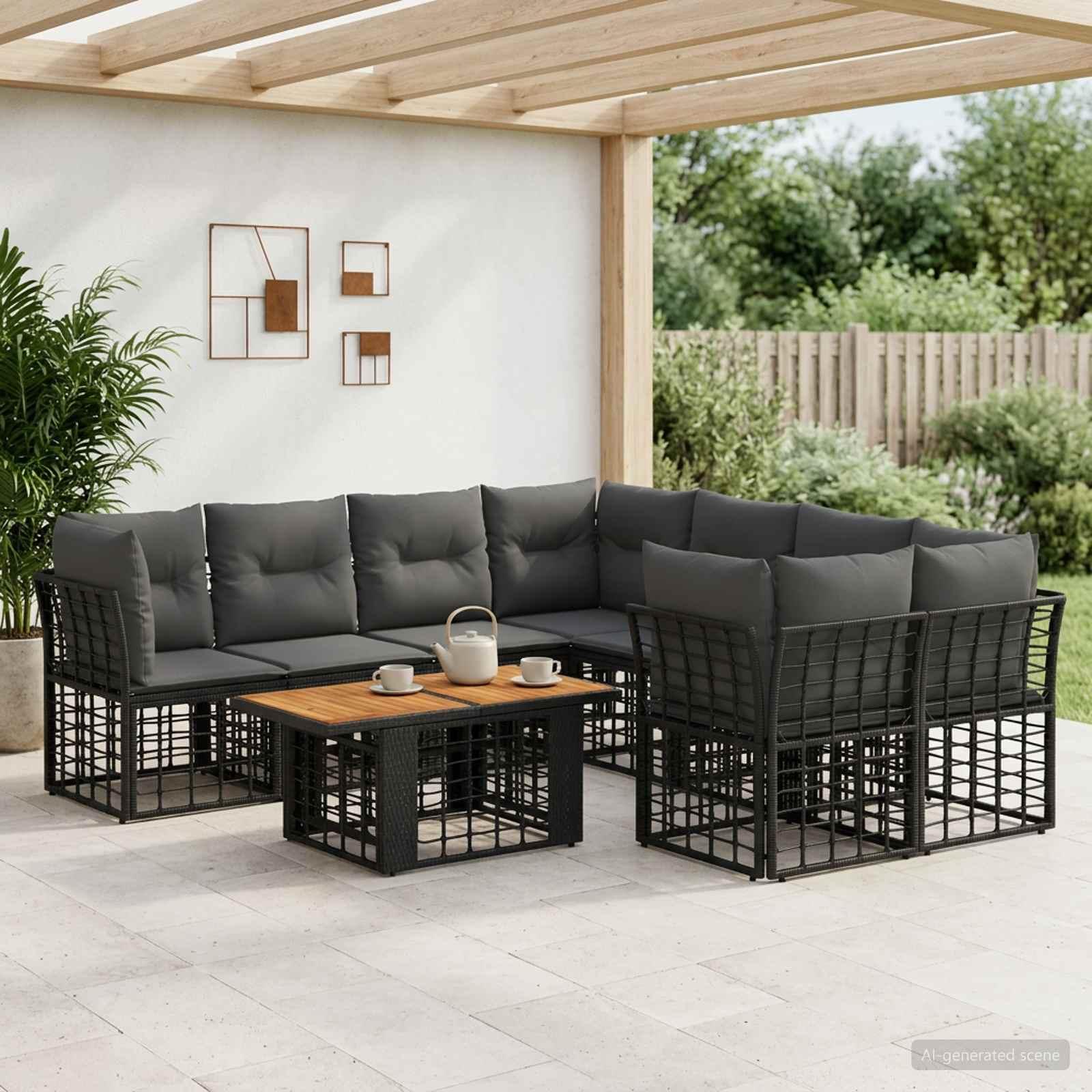 Havesofa sæt 9 stk. i sort og mørkegrå polyrattan