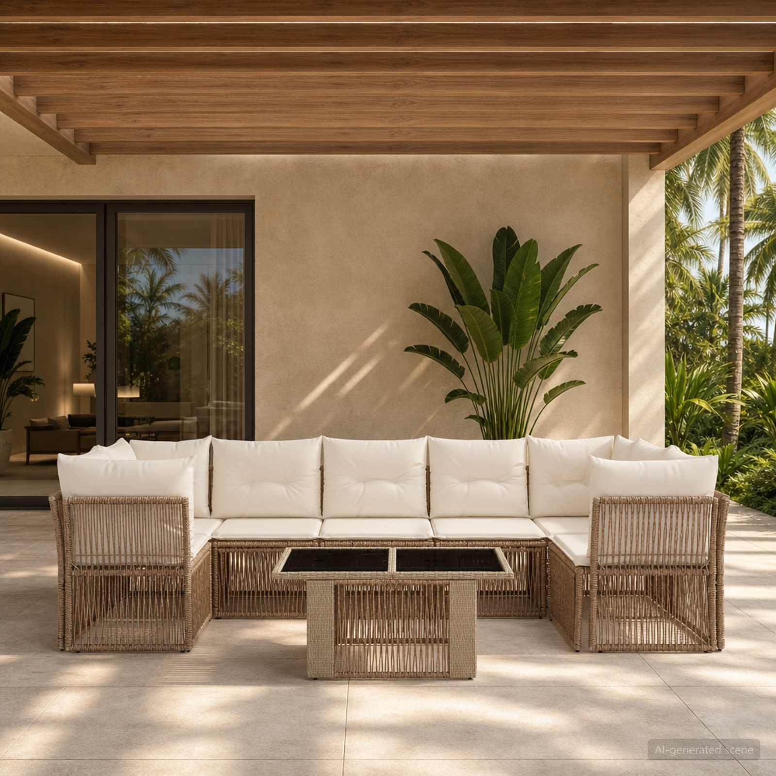 Havesofa sæt 8 stk. i beige polyrattan med bord