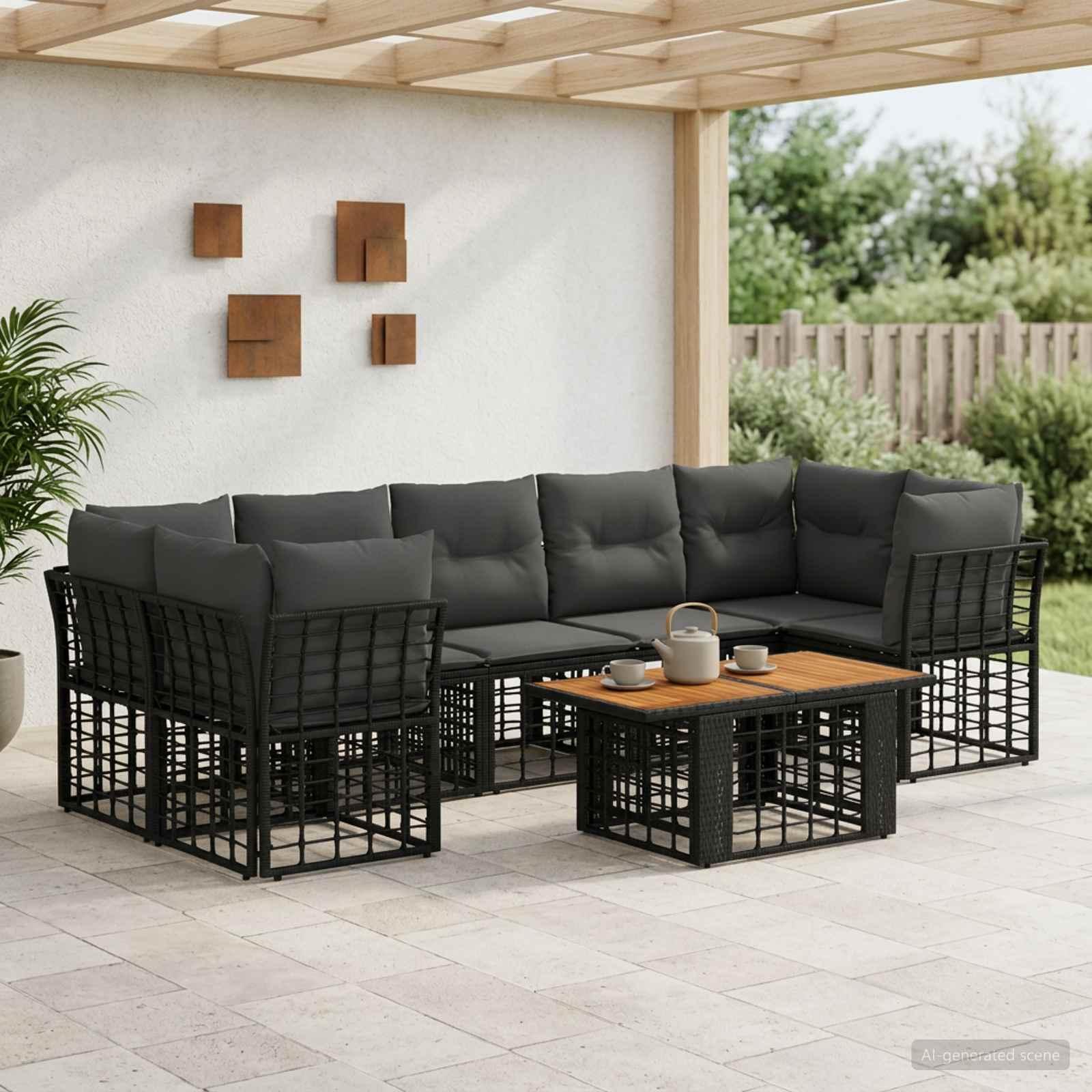 Havesofa sæt 8 stk. i sort og mørkegrå polyrattan