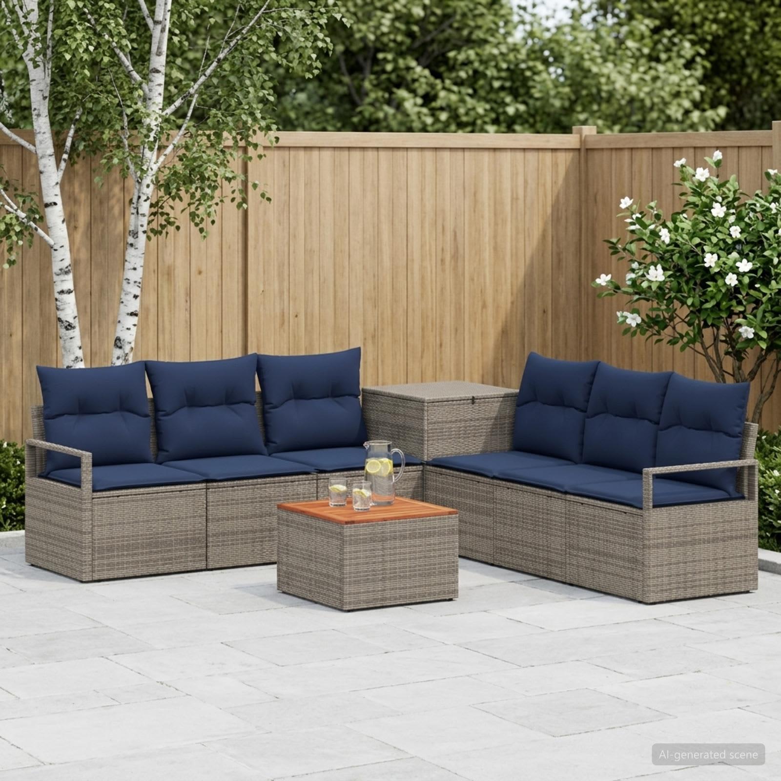 Sofa sæt 8 stk. til have og terrasse i grå og marineblå poly rattan