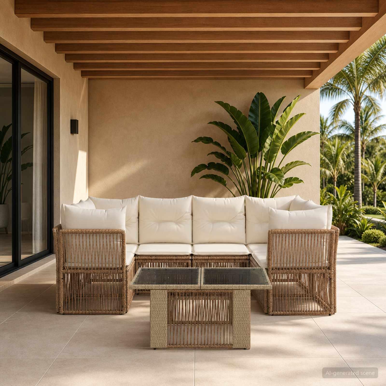 Havesofa sæt 7 stk. i beige polyrattan med bord