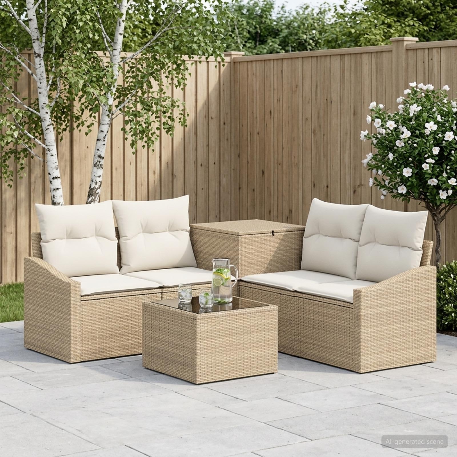 Sofa sæt 6 stk. beige og cremehvid i poly rattan og stål