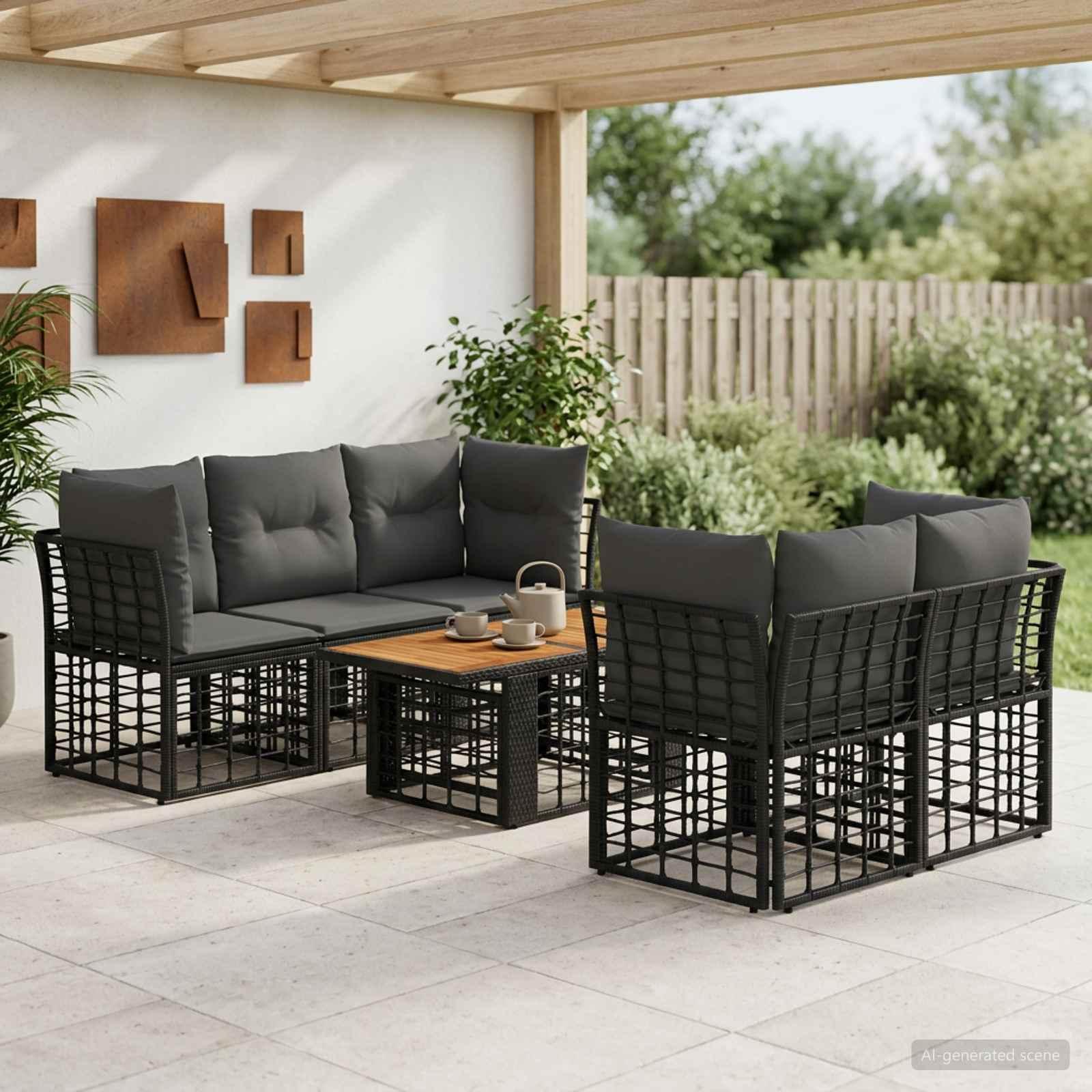 Havesofa sæt 6 stk. i polyrattan - sort og mørkegrå
