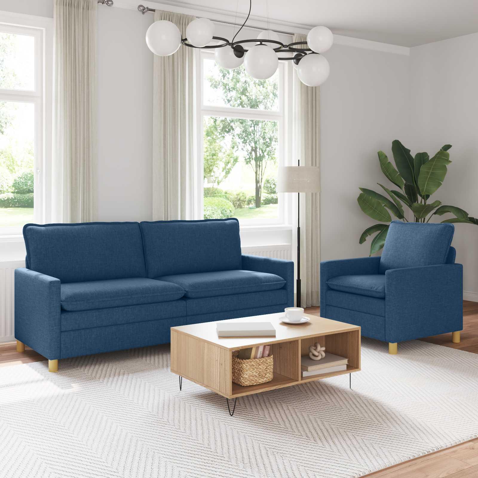 Sofasæt 2 stk. i blå stof - 3-personers sofa og lænestol