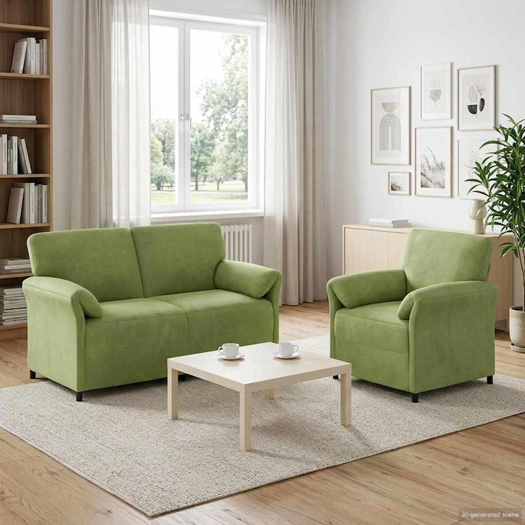 Sofasæt 2 stk. i lys grøn fløjl med 2- og 1-personers sofa