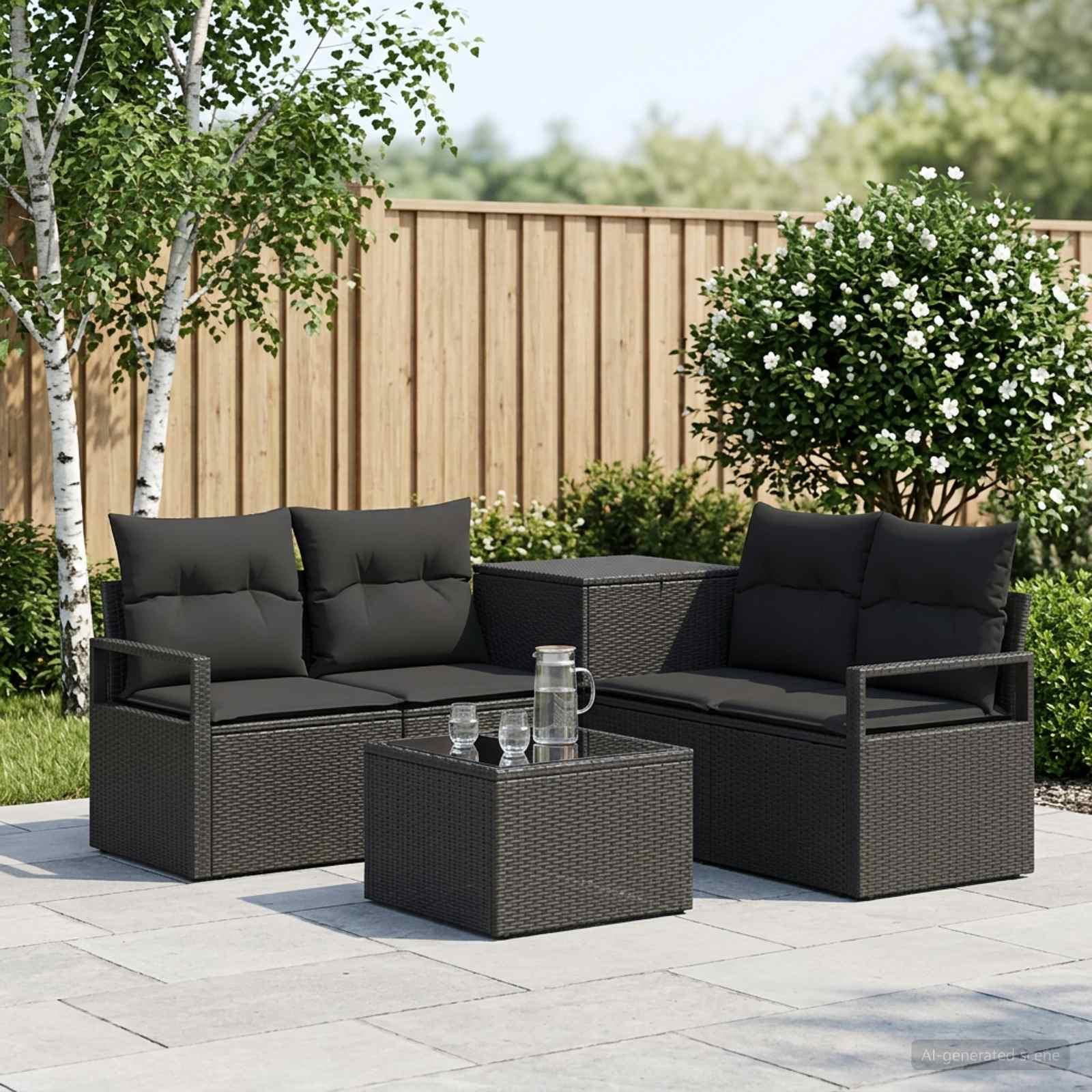 Sofa sæt 6 stk. i sort poly rattan og stål til have og terrasse