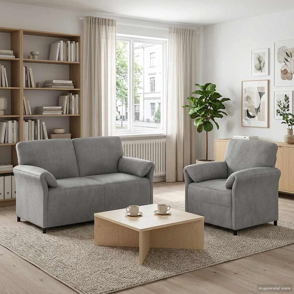 Sofasæt 2 stk. i lysegrå fløjl med 2-personers sofa og lænestol