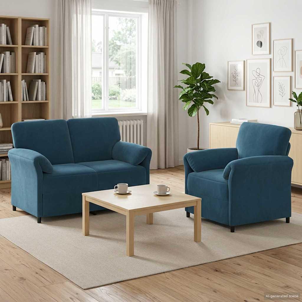 Sofasæt 2 stk. i blå fløjl med 2-personers sofa og lænestol