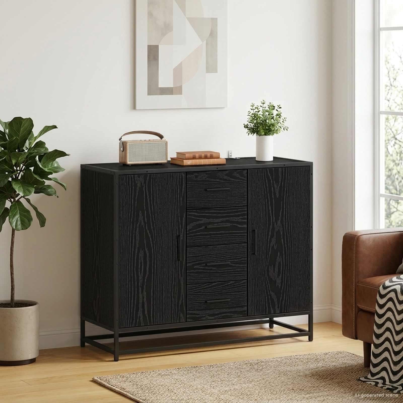 Sideboard i sort eg 92 x 35 x 76 cm med 2 låger og 4 skuffer