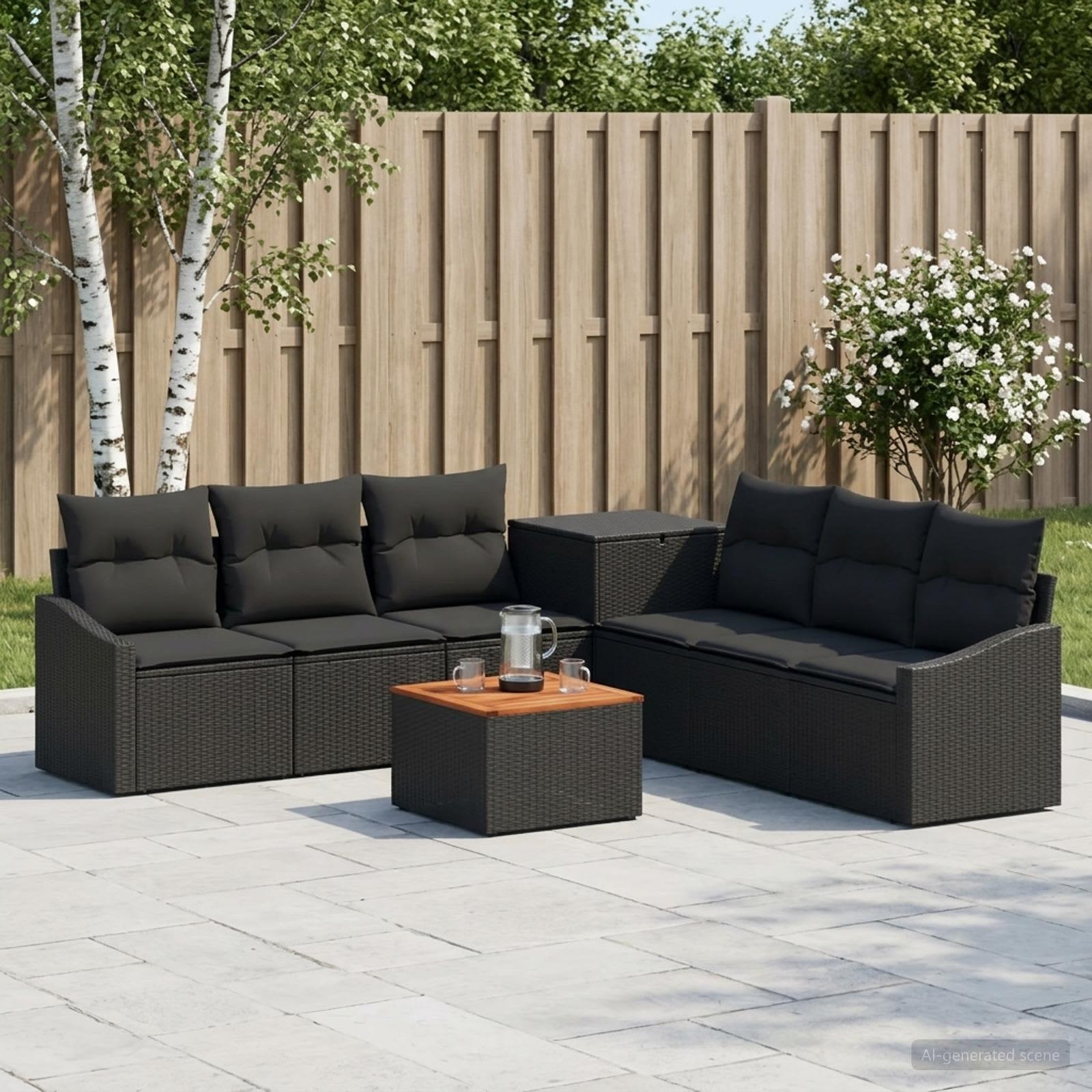Lounge sofasæt 8 dele med bord og pudeboks - sort poly rattan og stål