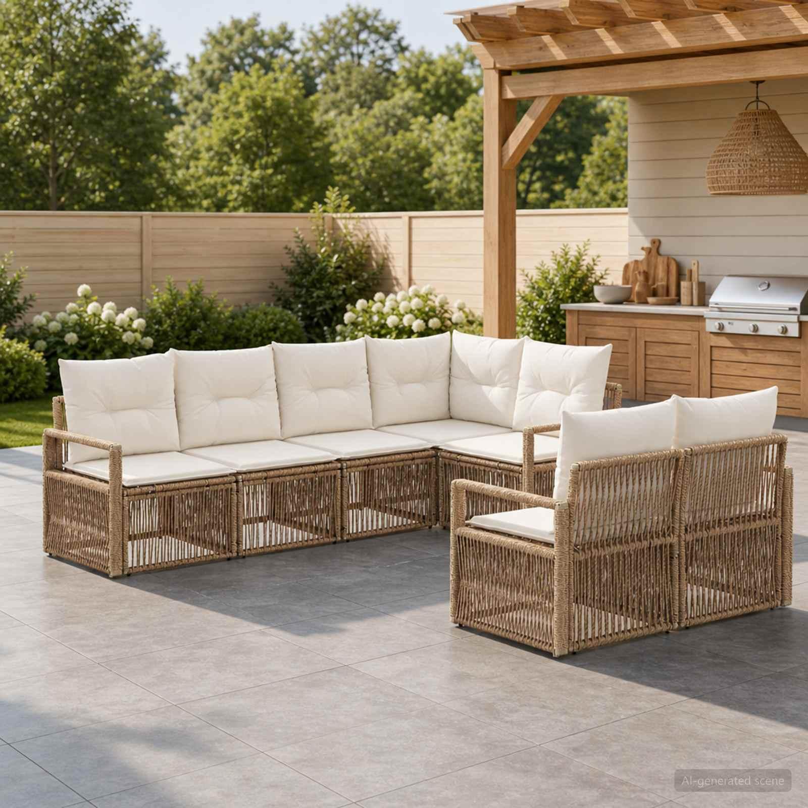 Havesofa sæt 7 stk. med 7 siddepladser i beige polyrattan