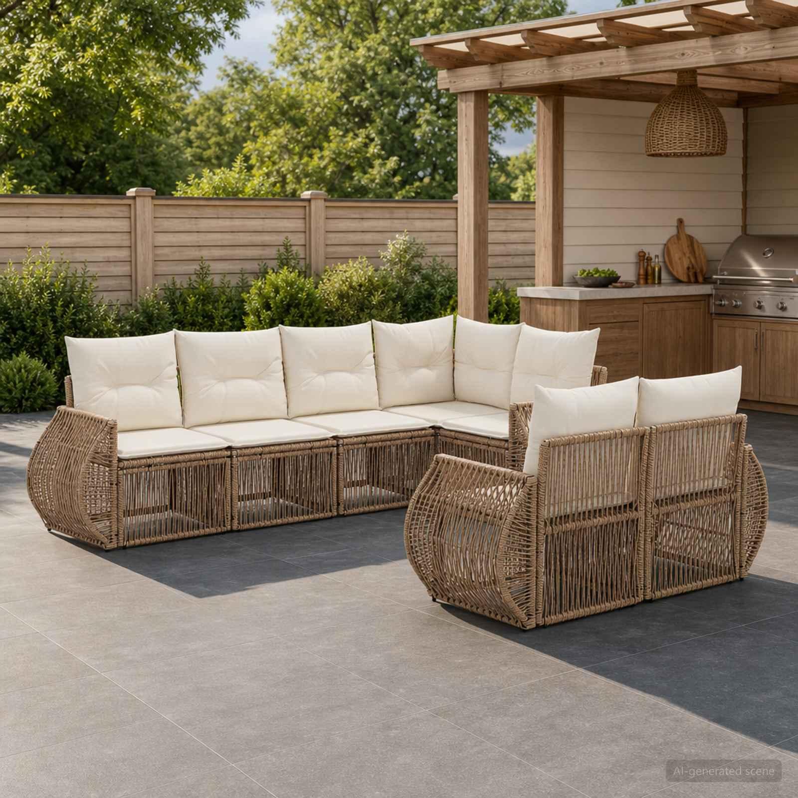 Havesofa sæt 7 stk. modulsofa i polyrattan med 7 sæder - beige og cremehvid