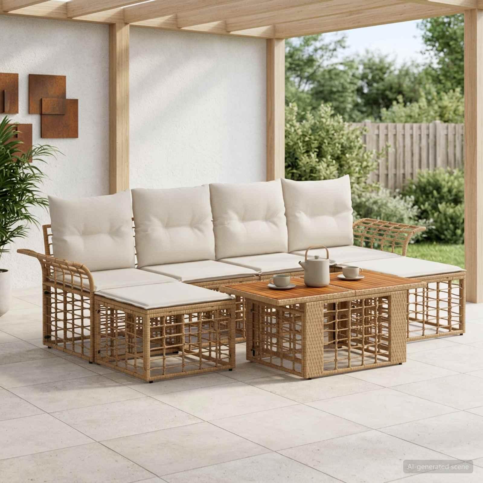 Havesofa sæt 7 stk. i polyrattan med bord - naturlig og cremehvid