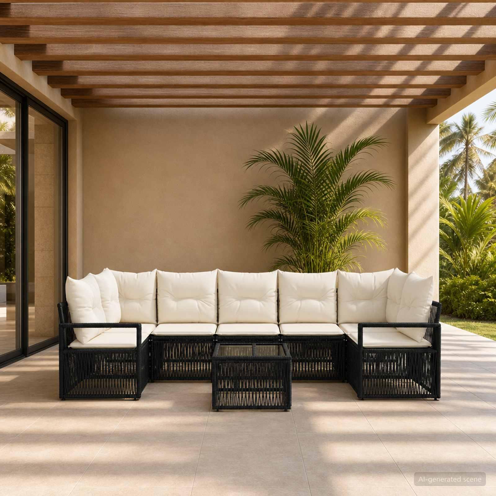 Havesofa sæt 8 stk. i sort polyrattan med bord