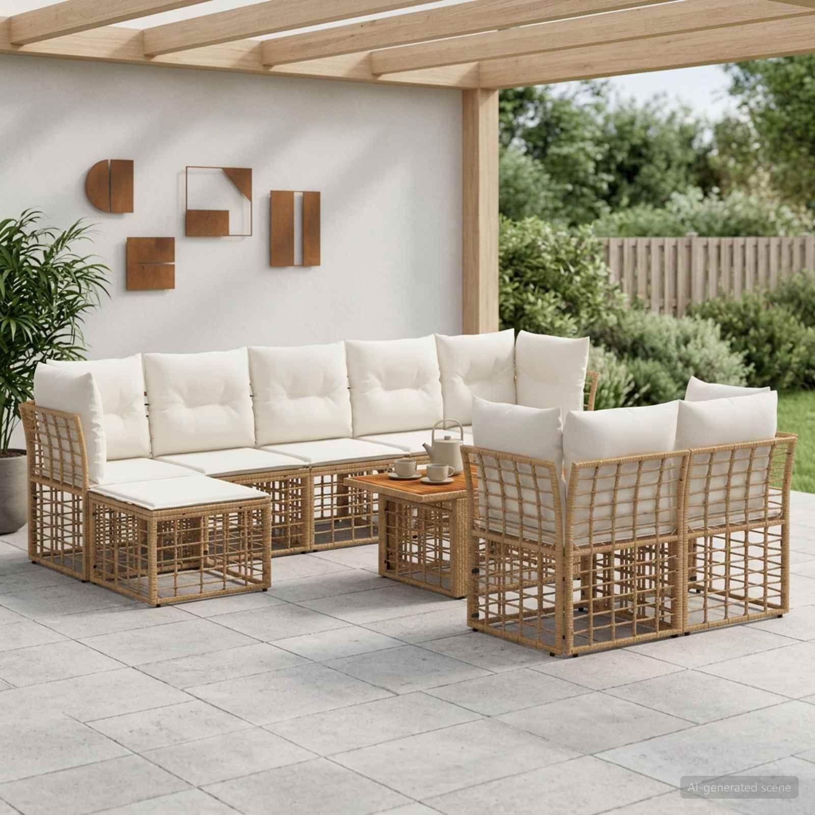 Havesofa sæt 10 dele i polyrattan med akaciebordplade - naturlig og cremehvid