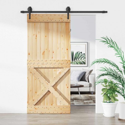 Skydedør naturfarvet og sort 90 x 210 cm i massivt fyrretræ
