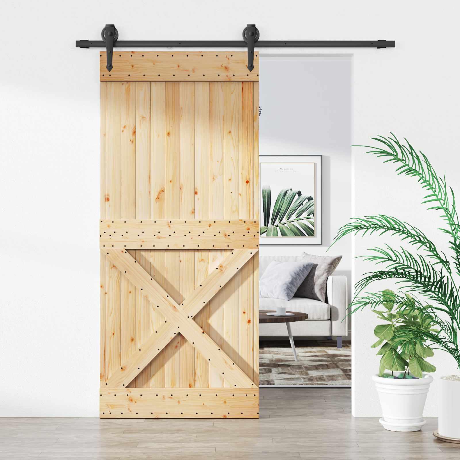Skydedør naturfarvet og sort 90 x 210 cm i massivt fyrretræ