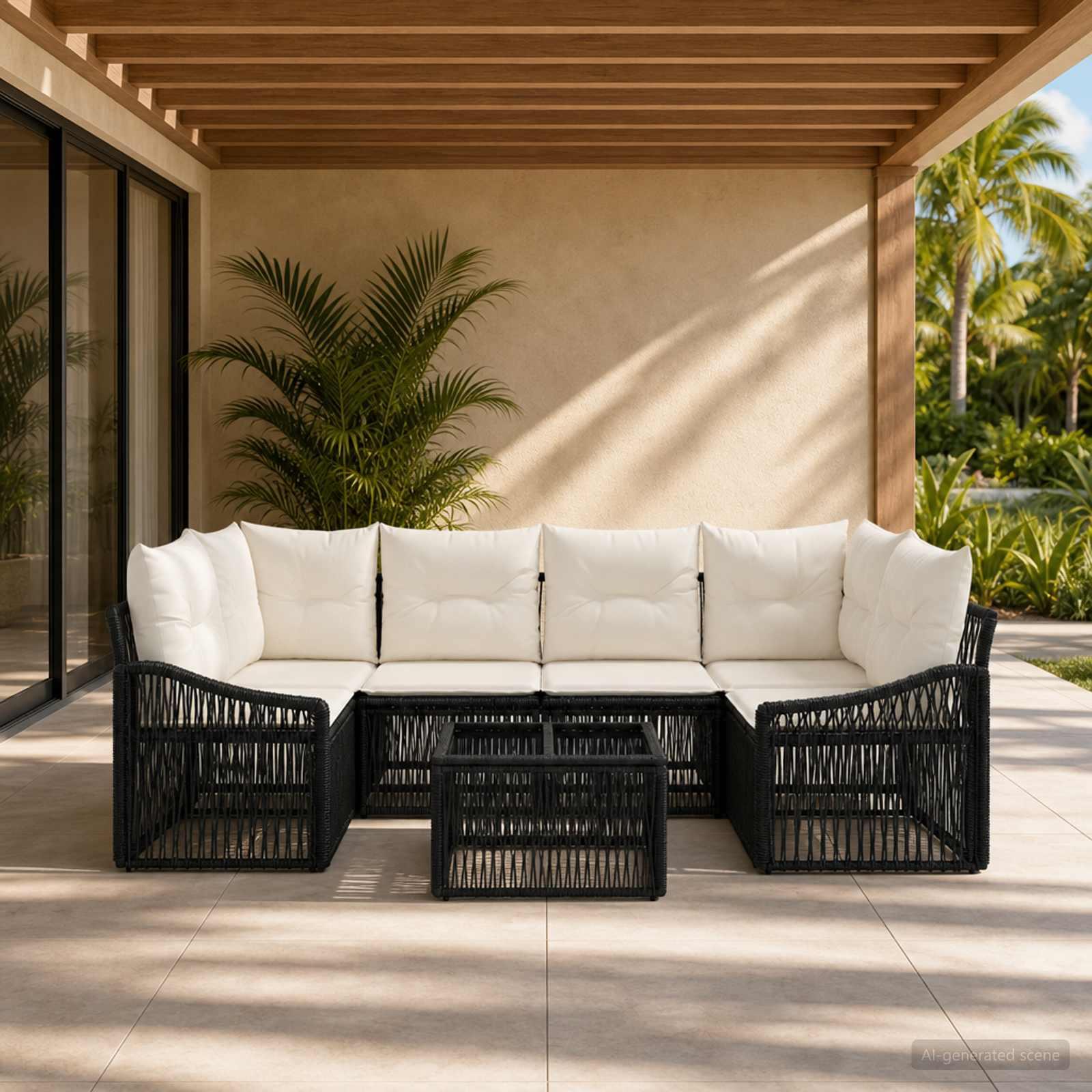 Havesofa sæt 7 stk. i sort polyrattan med bord