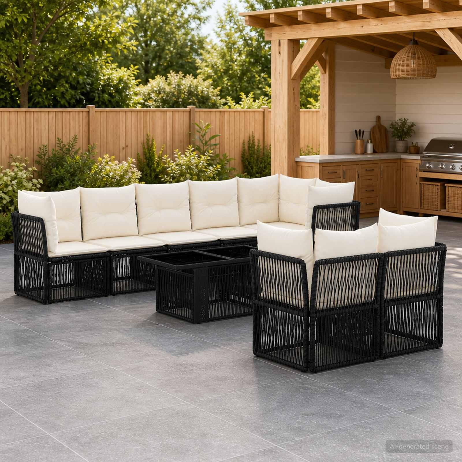 Havesofa sæt 8 stk. i sort polyrattan med bord