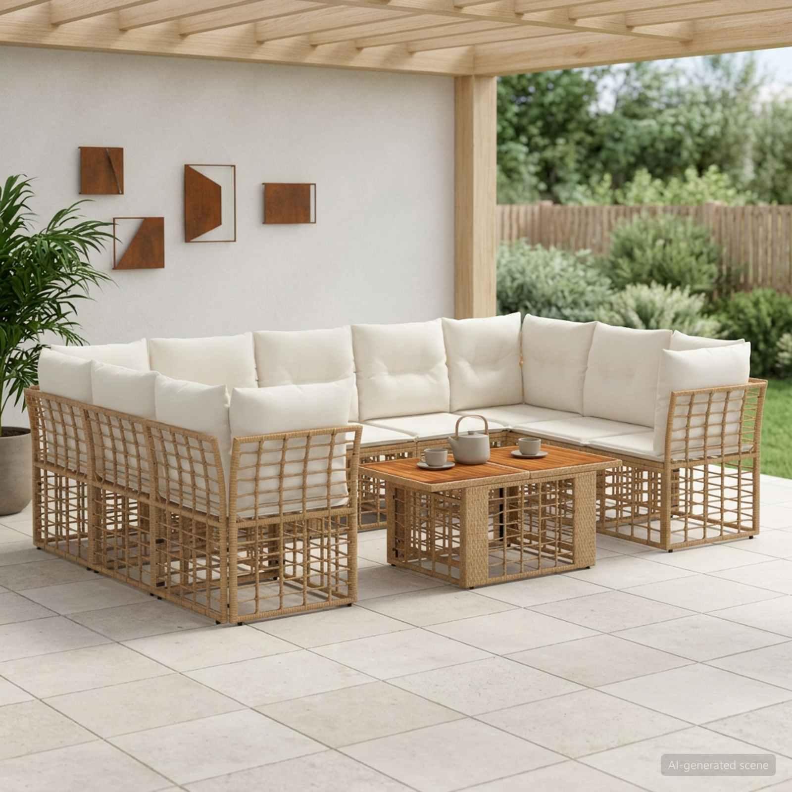 Havesofa sæt 10 stk. i polyrattan - naturlig og cremehvid