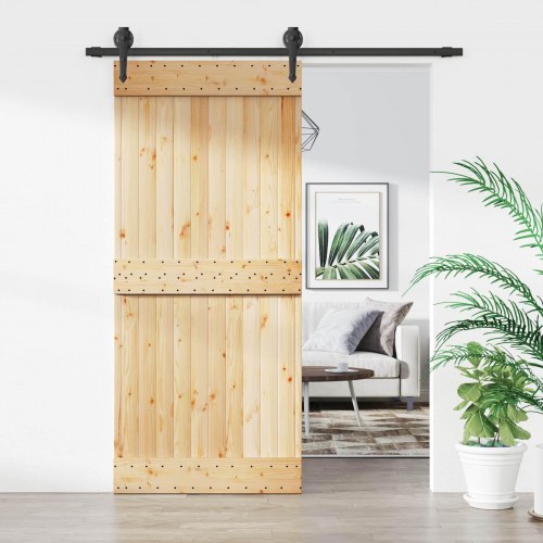 Skydedør naturfarvet og sort 90 x 210 cm i massivt fyrretræ
