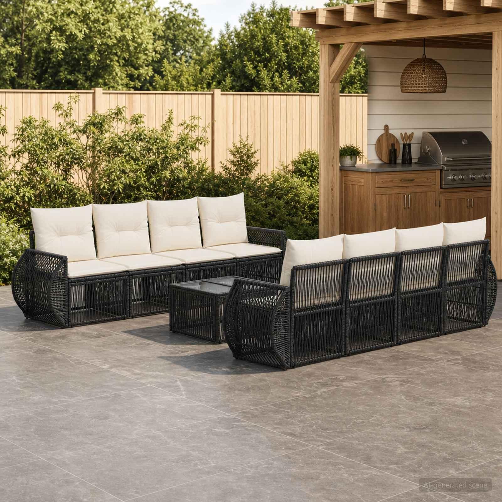Havesofa sæt 9 stk. i sort polyrattan med puder